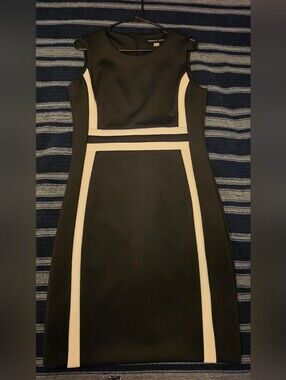 Andrew Marc Black Slimming Midi Dress with White Contrast Panels